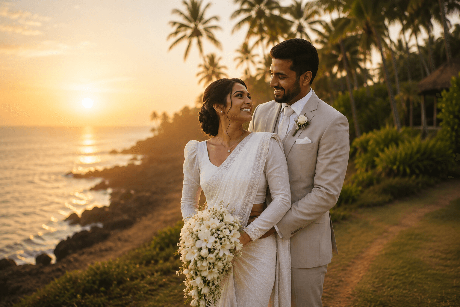 A couple photographed at golden hour on the Sri Lankan coast